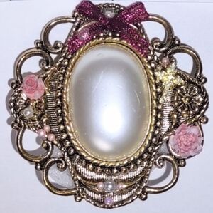 Pearl Brooch Victorian Tea Rose Antique Gold w/ Maroon Bow & Gold Cross